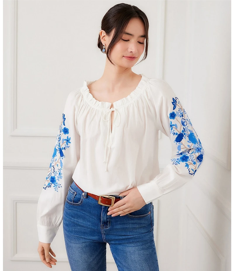 Karen Kane Cotton Poplin Accent Embroidered Tie Front Long Blouson Sleeve Peasant Top