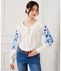Karen Kane Cotton Poplin Accent Embroidered Tie Front Long Blouson Sleeve Peasant Top