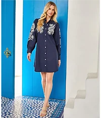 Karen Kane Cotton Poplin Embroidered Puff Sleeve Shirtdress
