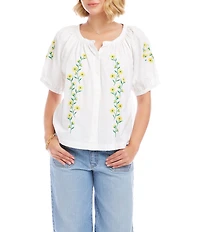 Karen Kane Cotton Poplin Embroidered Scoop Neck Short Puff Sleeve Peasant Top
