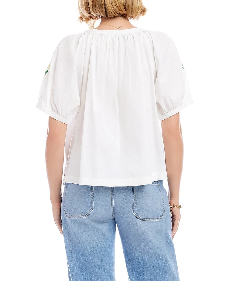 Karen Kane Cotton Poplin Embroidered Scoop Neck Short Puff Sleeve Peasant Top