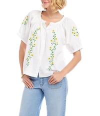 Karen Kane Cotton Poplin Embroidered Scoop Neck Short Puff Sleeve Peasant Top