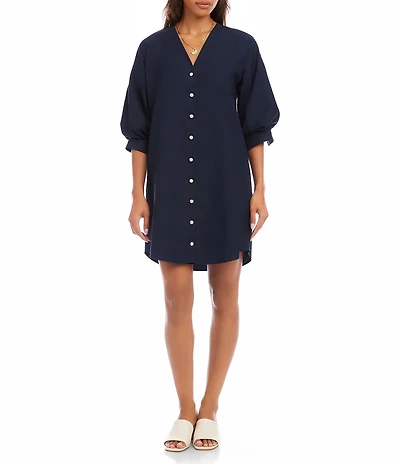 Karen Kane Cotton Poplin V-Neck 3/4 Lantern Sleeve Pearl Button Front Shirt Dress