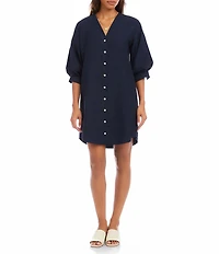 Karen Kane Cotton Poplin V-Neck 3/4 Lantern Sleeve Pearl Button Front Shirt Dress