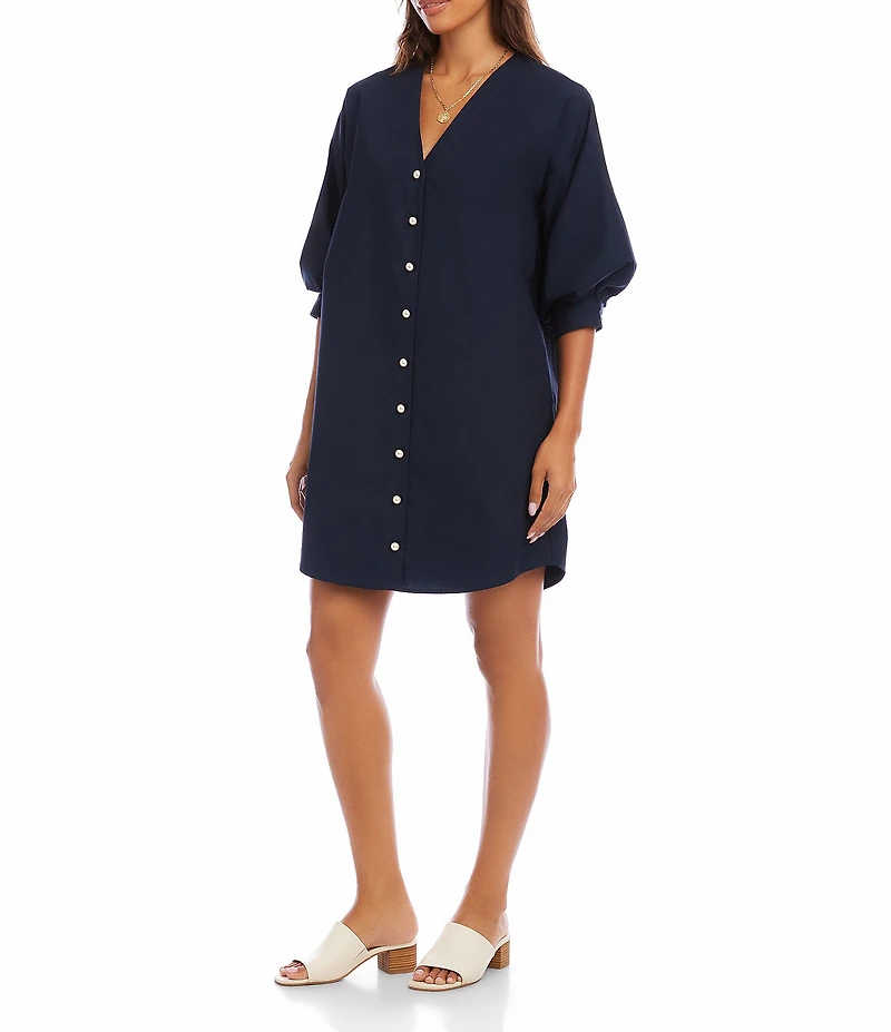 Karen Kane Cotton Poplin V-Neck 3/4 Lantern Sleeve Pearl Button Front Shirt Dress