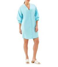Karen Kane Cotton Poplin V-Neck 3/4 Lantern Sleeve Shirt Dress