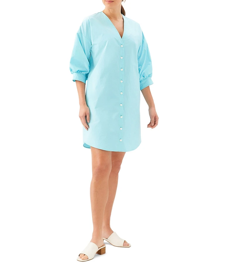 Karen Kane Cotton Poplin V-Neck 3/4 Lantern Sleeve Shirt Dress