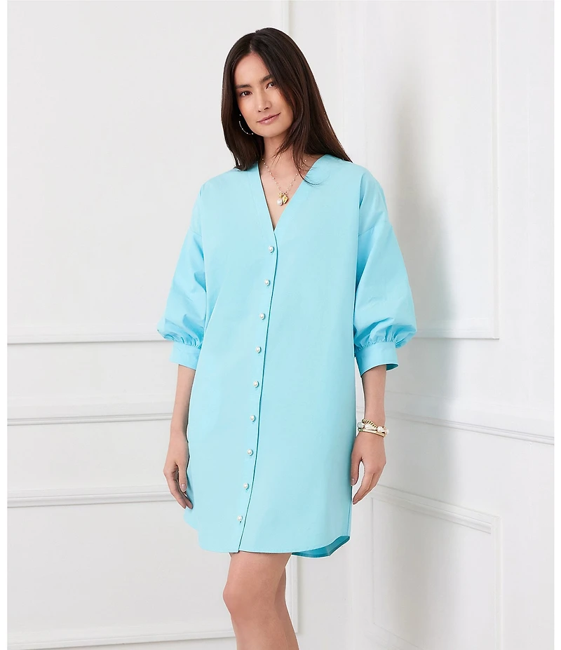 Karen Kane Cotton Poplin V-Neck 3/4 Lantern Sleeve Shirt Dress