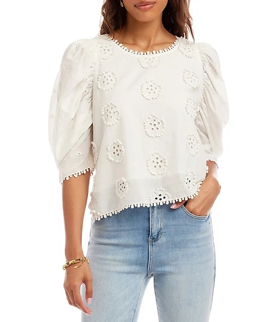Karen Kane Cotton Schiffli Floral Embroidery Motif Scoop Neck Short Puff Sleeve Scalloped Trim Top