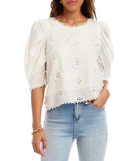Karen Kane Cotton Schiffli Floral Embroidery Motif Scoop Neck Short Puff Sleeve Scalloped Trim Top