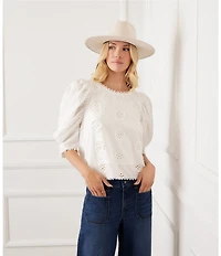 Karen Kane Cotton Schiffli Floral Embroidery Motif Scoop Neck Short Puff Sleeve Scalloped Trim Top