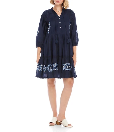 Karen Kane Cotton Voile Floral Embroidered Lace Trim Tie Neck 3/4 Blouson Sleeve Button Front Tiered Dress