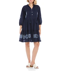 Karen Kane Cotton Voile Floral Embroidered Lace Trim Tie Neck 3/4 Blouson Sleeve Button Front Tiered Dress