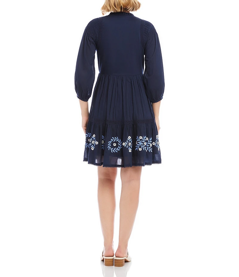 Karen Kane Cotton Voile Floral Embroidered Lace Trim Tie Neck 3/4 Blouson Sleeve Button Front Tiered Dress