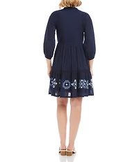 Karen Kane Cotton Voile Floral Embroidered Lace Trim Tie Neck 3/4 Blouson Sleeve Button Front Tiered Dress
