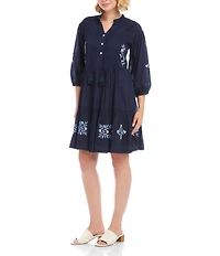 Karen Kane Cotton Voile Floral Embroidered Lace Trim Tie Neck 3/4 Blouson Sleeve Button Front Tiered Dress