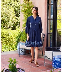 Karen Kane Cotton Voile Floral Embroidered Lace Trim Tie Neck 3/4 Blouson Sleeve Button Front Tiered Dress