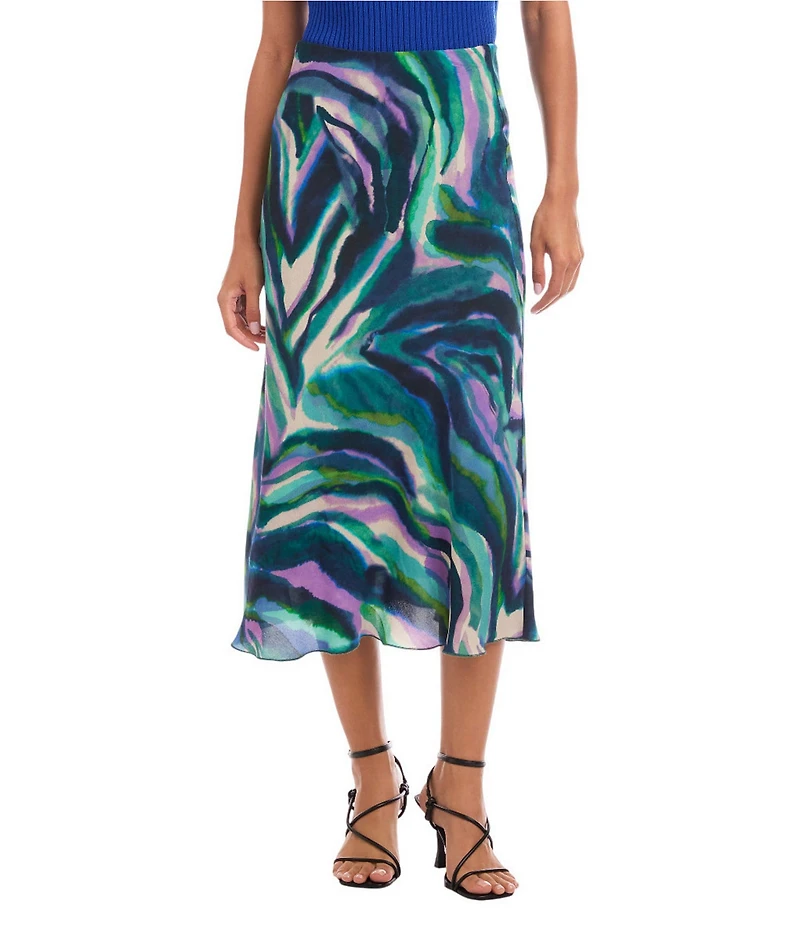 Karen Kane Crepe Bias Cut Painterly Watercolor Print A-Line Midi Skirt