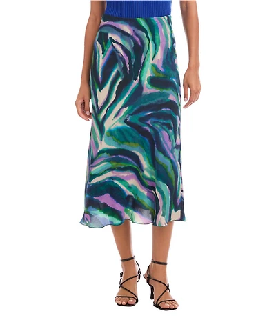 Karen Kane Crepe Bias Cut Painterly Watercolor Print A-Line Midi Skirt
