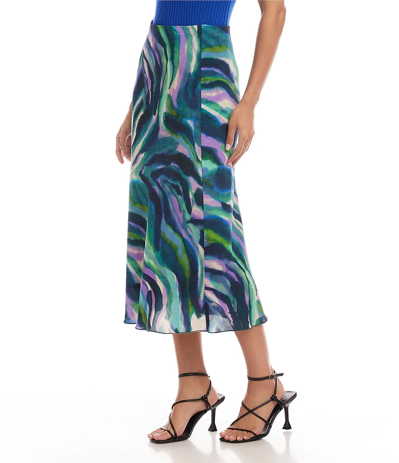 Karen Kane Crepe Bias Cut Painterly Watercolor Print A-Line Midi Skirt