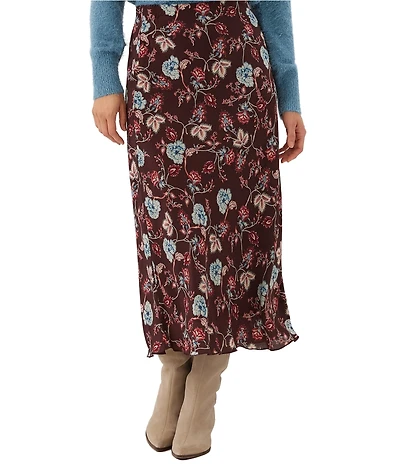 Karen Kane Crepe Bordeaux Floral Bias Cut Midi Skirt