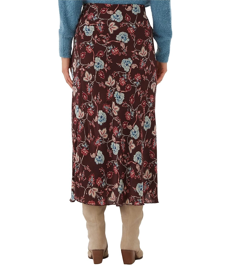 Karen Kane Crepe Bordeaux Floral Bias Cut Midi Skirt