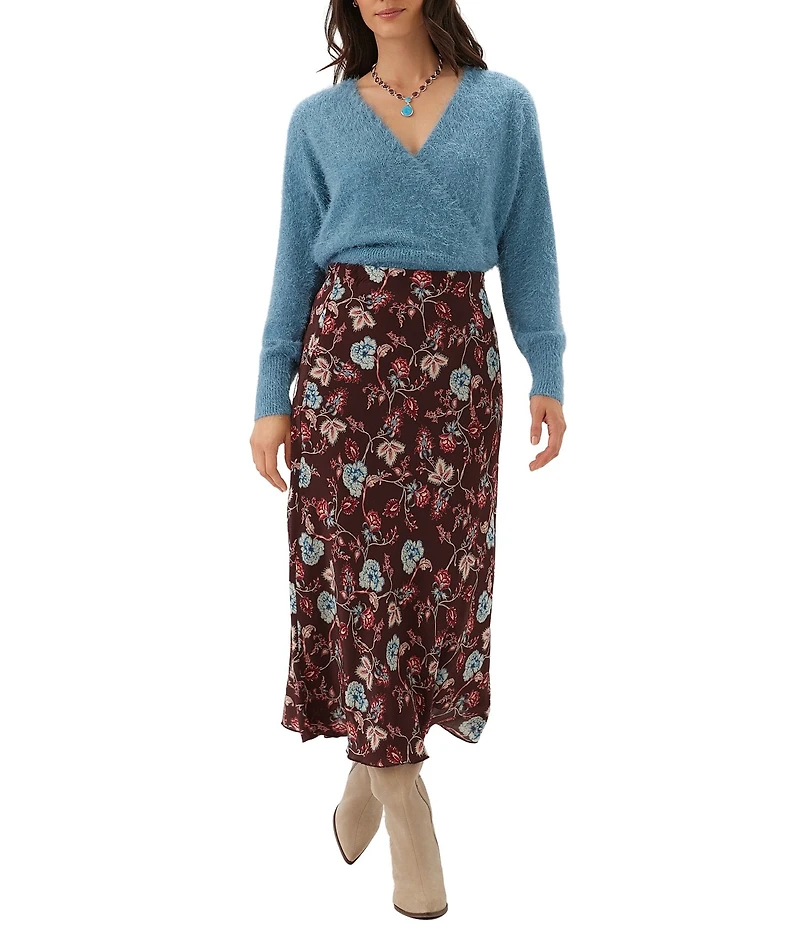 Karen Kane Crepe Bordeaux Floral Bias Cut Midi Skirt