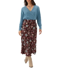 Karen Kane Crepe Bordeaux Floral Bias Cut Midi Skirt