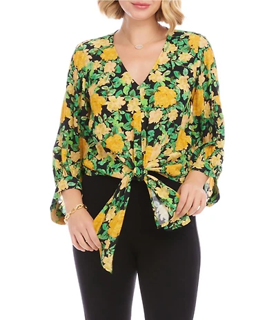 Karen Kane Crepe Golden Rose V-Neck 3/4 Blouson Sleeve Tie Front Blouse