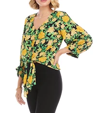 Karen Kane Crepe Golden Rose V-Neck 3/4 Blouson Sleeve Tie Front Blouse