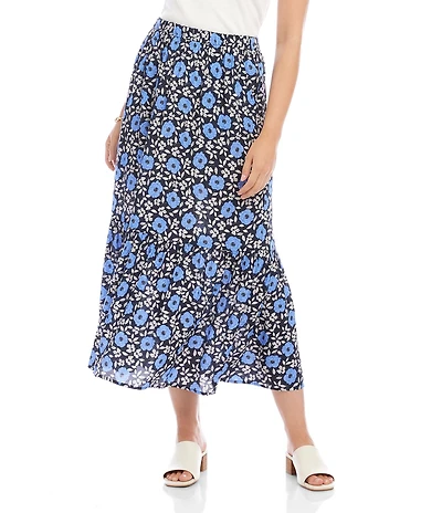 Karen Kane Crepe Morning Glory Floral Front Slit A-Line Midi Skirt