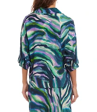 Karen Kane Crepe Printed Collared V-Neck 3/4 Lantern Sleeve Button Front Shirt