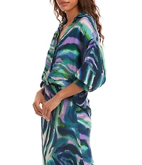 Karen Kane Crepe Printed Collared V-Neck 3/4 Lantern Sleeve Button Front Shirt