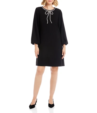 Karen Kane Crepe Puff Sleeve Embellished Bow Shift Dress