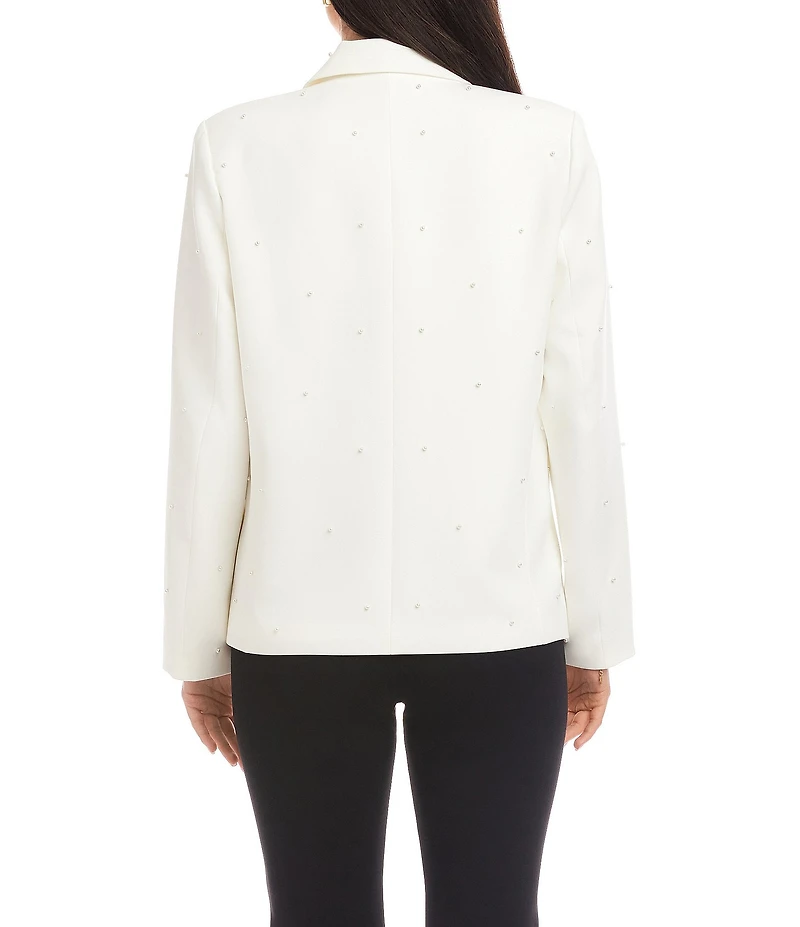 Karen Kane Crepe Woven Pearl Embellished Notch Collar Long Sleeve Button Front Blazer