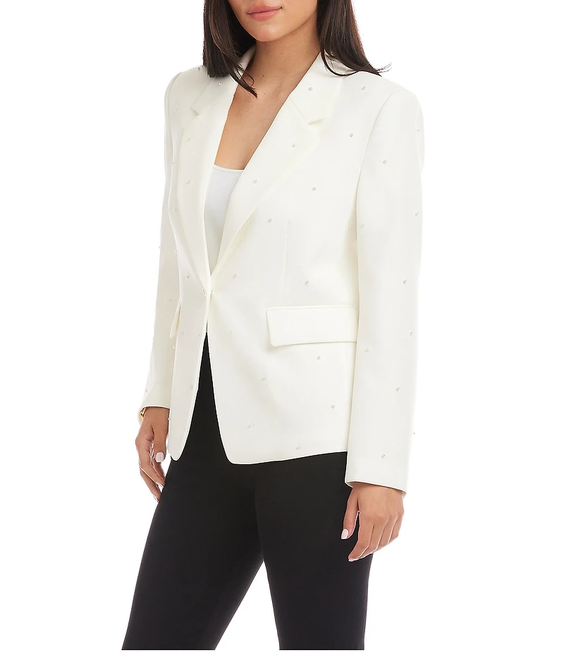 Karen Kane Crepe Woven Pearl Embellished Notch Collar Long Sleeve Button Front Blazer