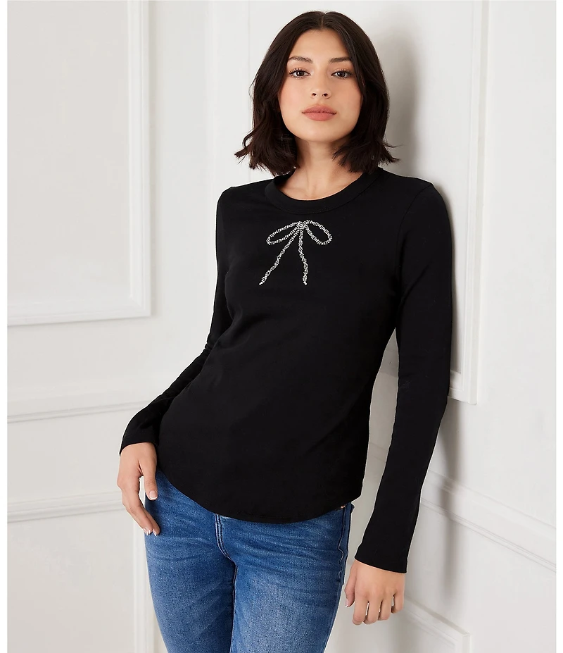 Karen Kane Crew Neck Long Sleeve Embellished Bow Top