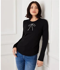 Karen Kane Crew Neck Long Sleeve Embellished Bow Top