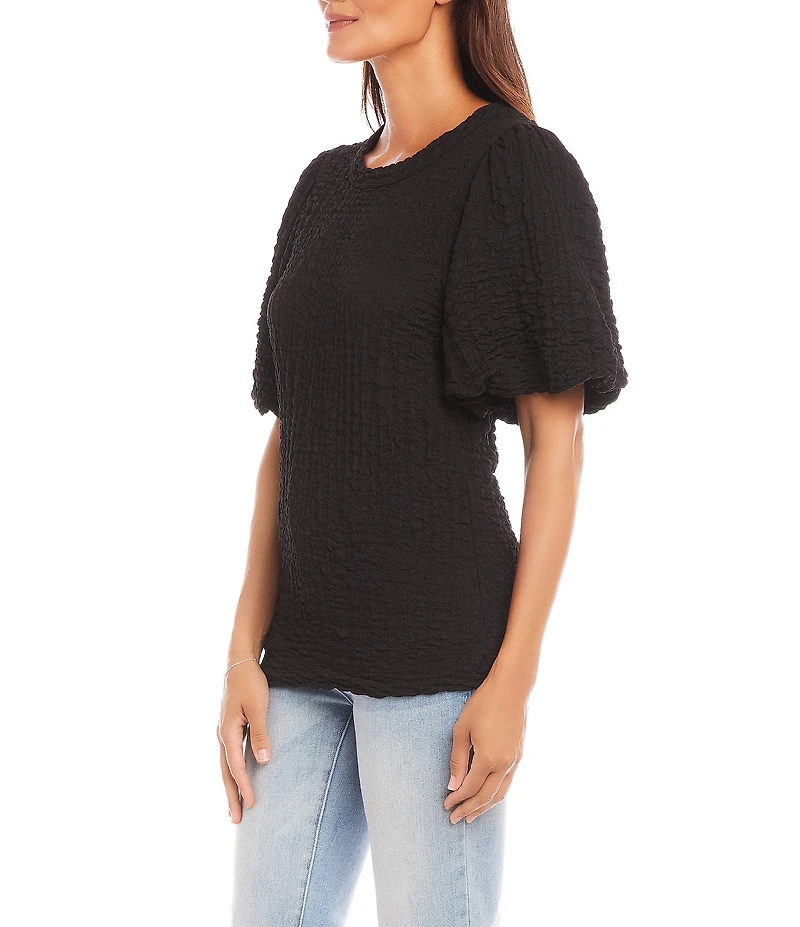 Karen Kane Crew Neck Short Bubble Puff Sleeve Textured Top