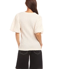 Karen Kane Crew Neck Short Bubble Puff Sleeve Textured Top