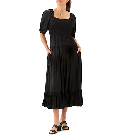 Karen Kane Crinkle Satin Square Neck Short Blouson Sleeve Smocked Waist Tiered Midi Dress