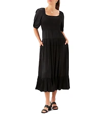 Karen Kane Crinkle Satin Square Neck Short Blouson Sleeve Smocked Waist Tiered Midi Dress