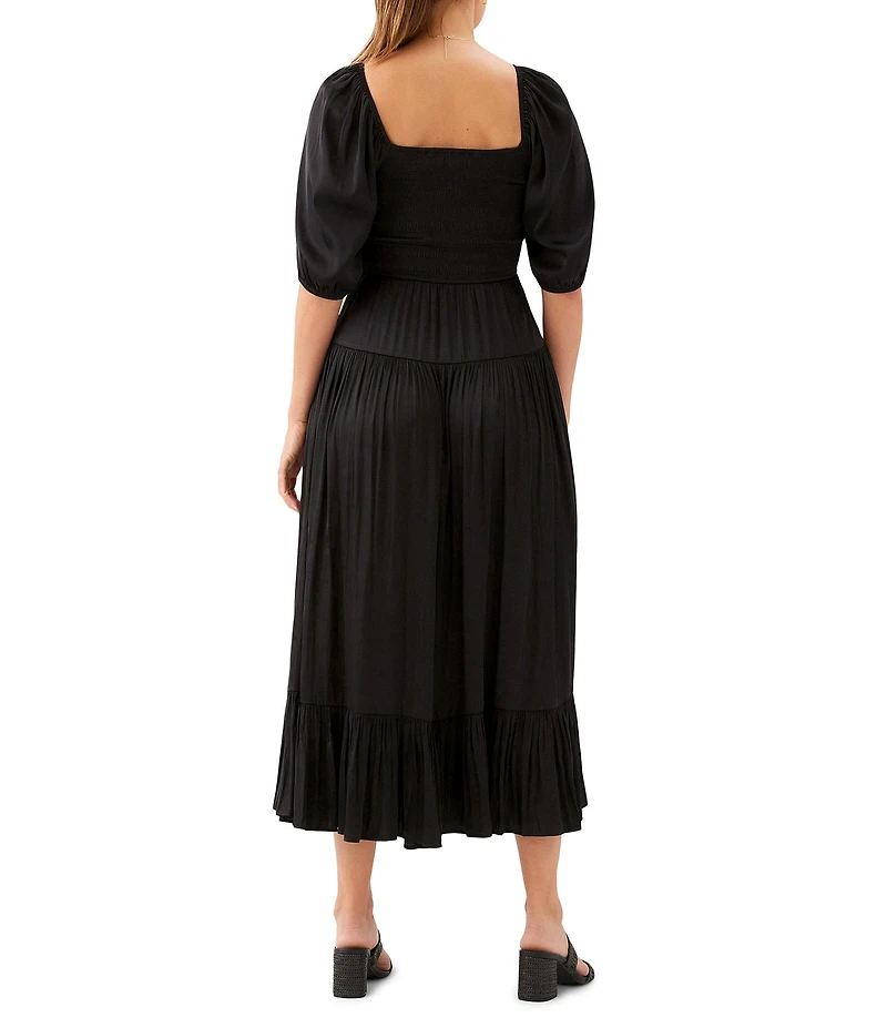 Karen Kane Crinkle Satin Square Neck Short Blouson Sleeve Smocked Waist Tiered Midi Dress