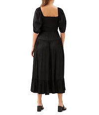 Karen Kane Crinkle Satin Square Neck Short Blouson Sleeve Smocked Waist Tiered Midi Dress