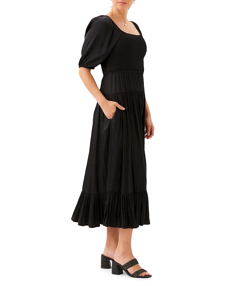 Karen Kane Crinkle Satin Square Neck Short Blouson Sleeve Smocked Waist Tiered Midi Dress