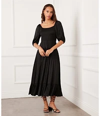 Karen Kane Crinkle Satin Square Neck Short Blouson Sleeve Smocked Waist Tiered Midi Dress