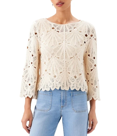Karen Kane Crochet Scoop Neck 3/4 Flared Sleeve Scalloped Hem Top