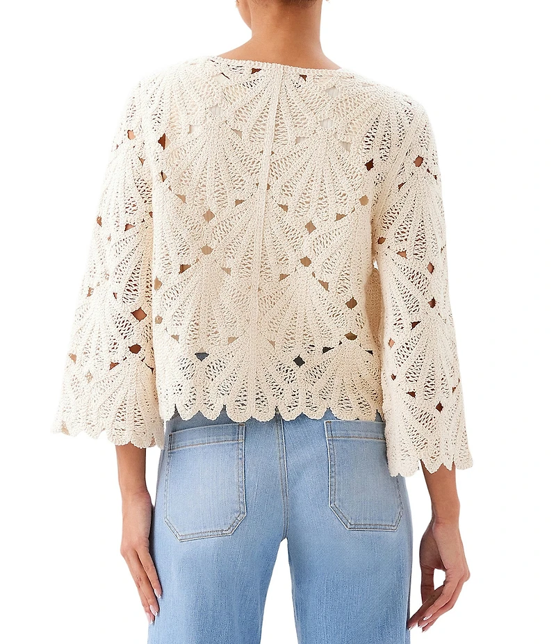 Karen Kane Crochet Scoop Neck 3/4 Flared Sleeve Scalloped Hem Top