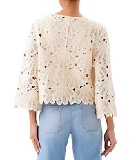 Karen Kane Crochet Scoop Neck 3/4 Flared Sleeve Scalloped Hem Top