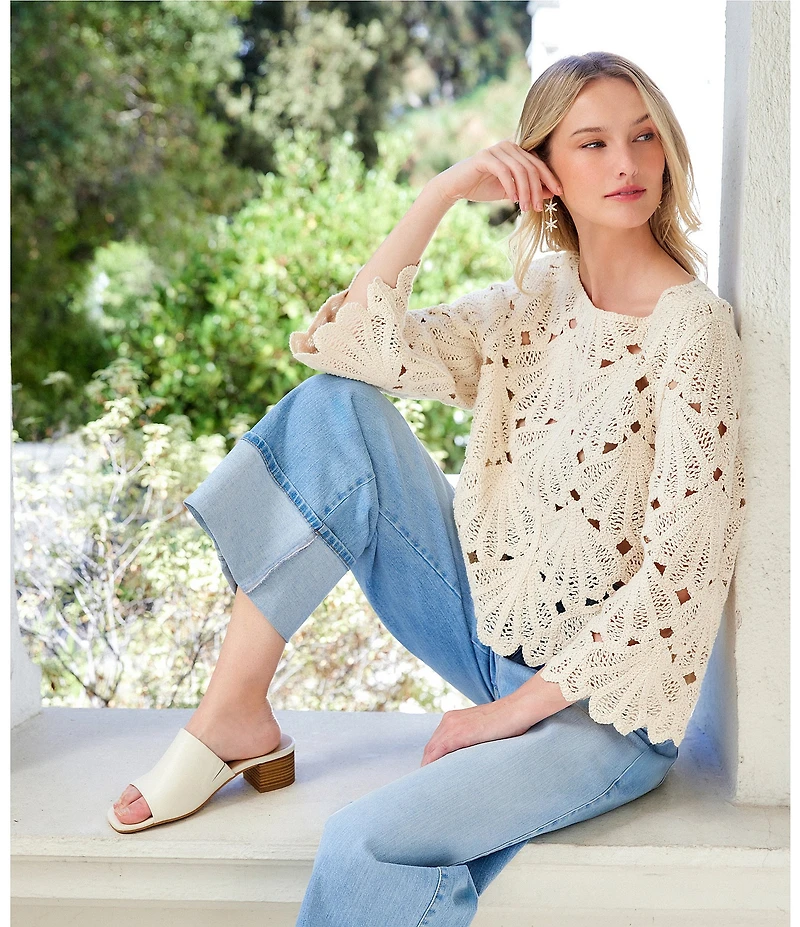 Karen Kane Crochet Scoop Neck 3/4 Flared Sleeve Scalloped Hem Top